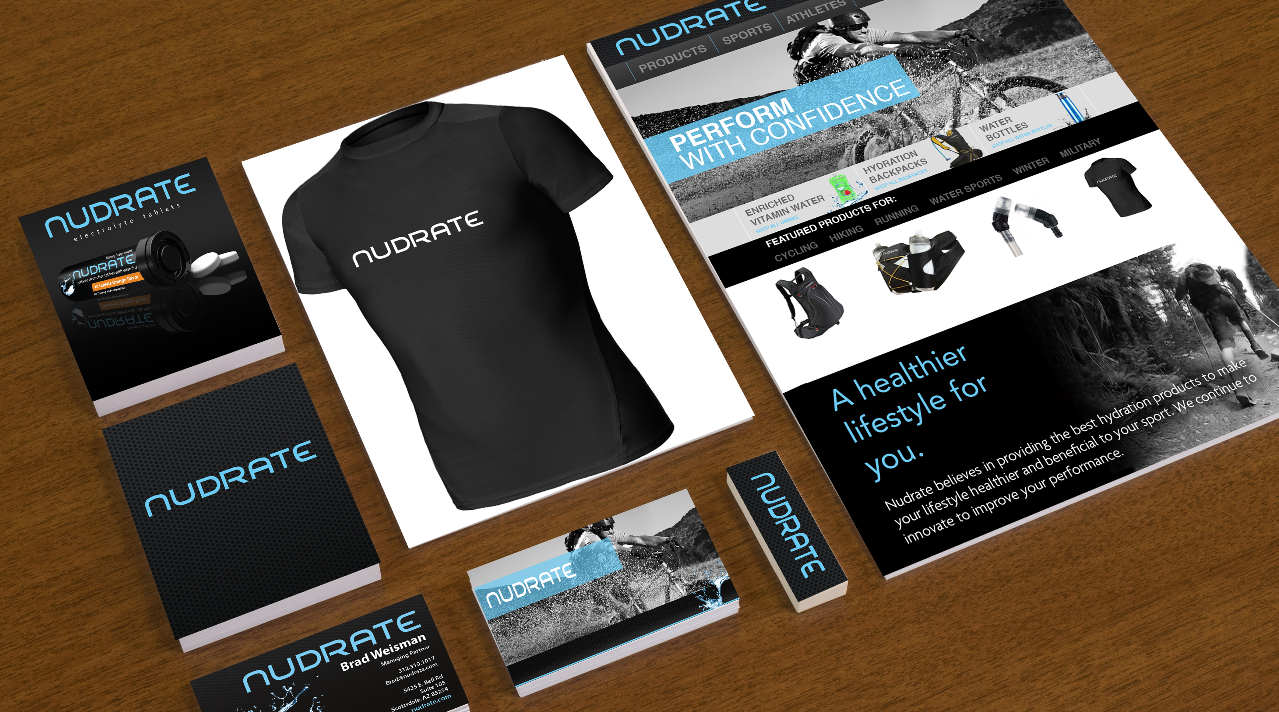 Branding of nudrate sports brand including brochure design, business card design, flyers, magazine ads and packaging design