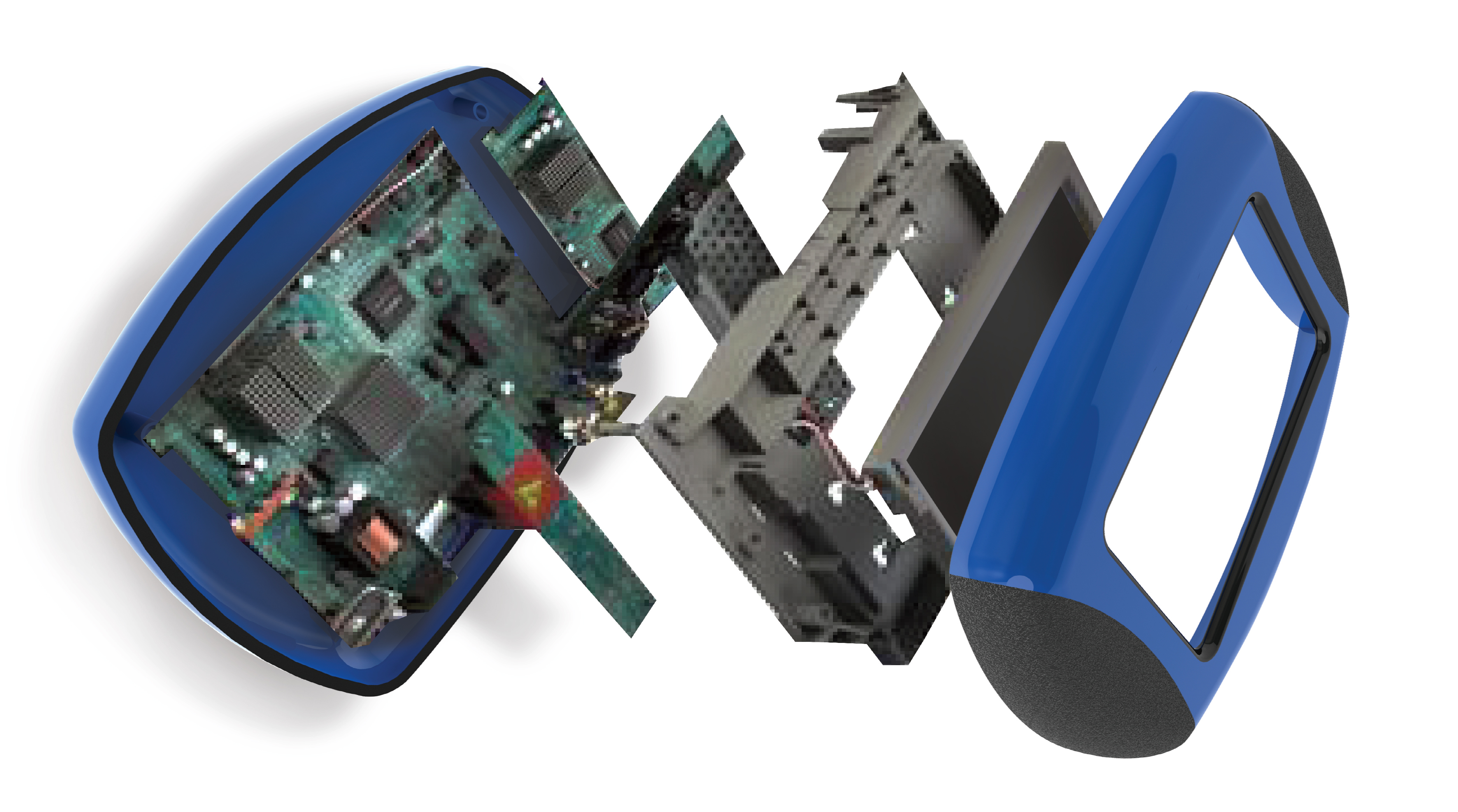 Engineering design of CAD electronic product shown in an exploded view